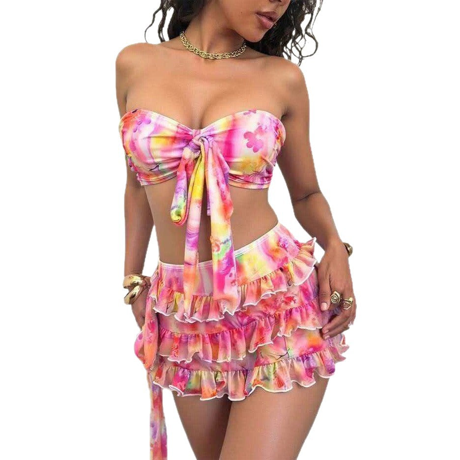 Dame Bandeau bikini sæt med flæser og indpakningsklæde Skovae