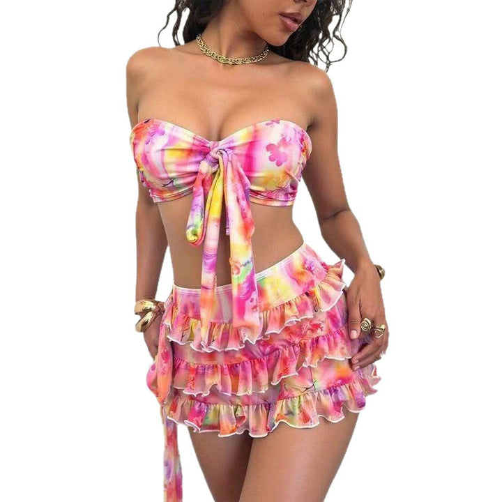 Dame Bandeau bikini sæt med flæser og indpakningsklæde Skovae