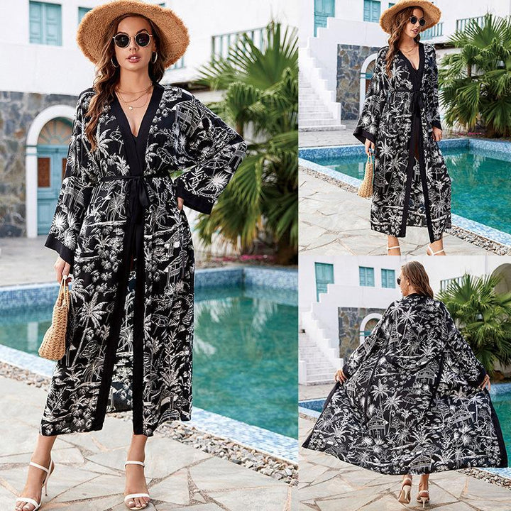 Dame elegant strandkimono med raffineret palmemønster og taljerbar bælte Stilla