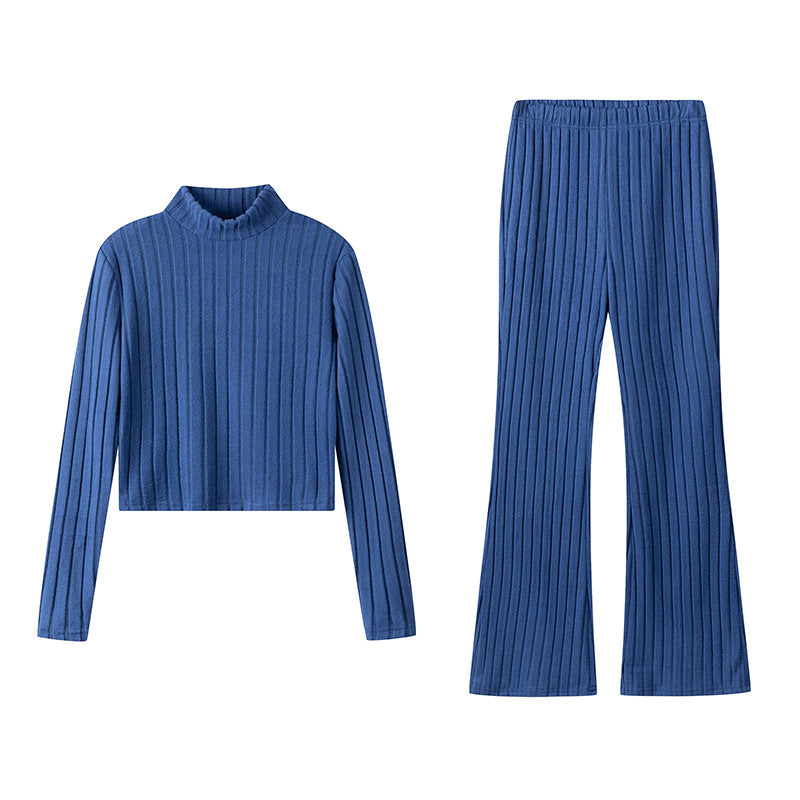 Dame Ribbstrik Turtleneck Pullover og udskåret bukser sæt Stilla