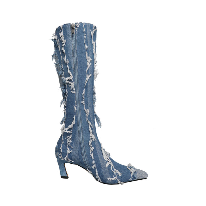 Femme Over-knæet Revnet Denim Stiletto Støvler Stilla