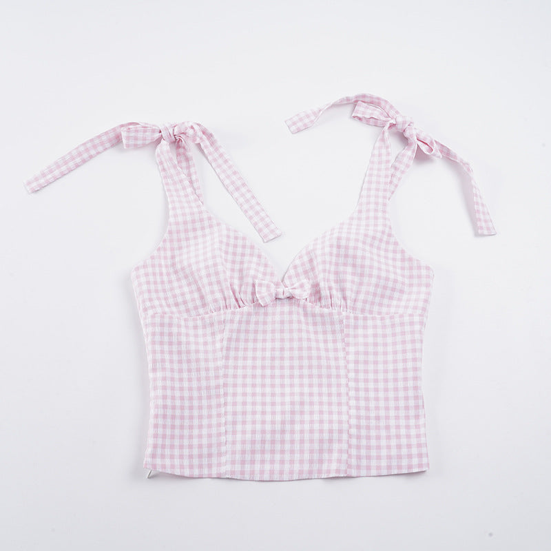 Dame Gingham Crop-Top med søde sløjfe-detaljer Skovae