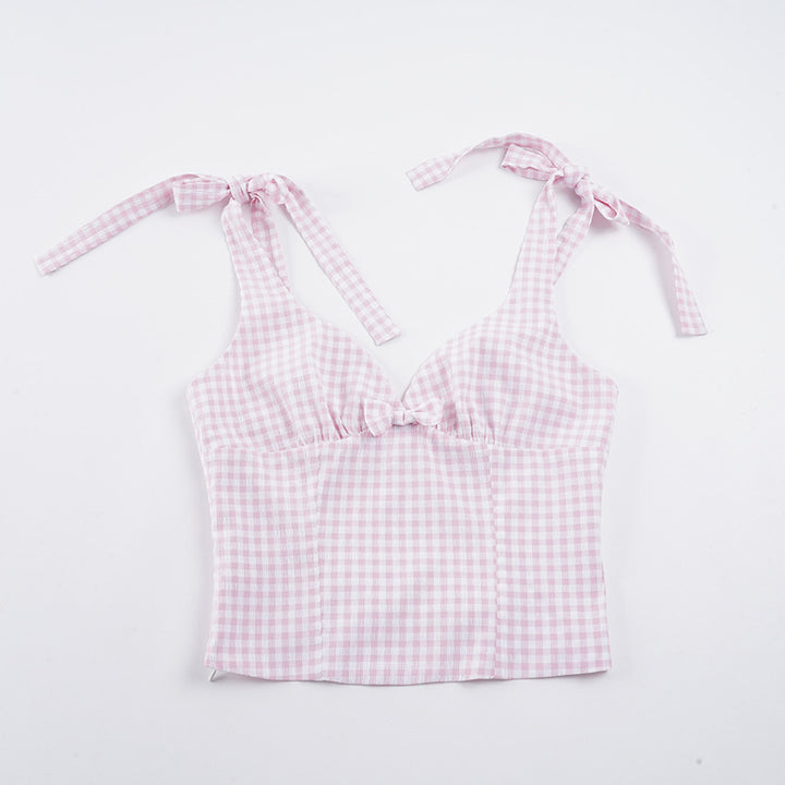 Dame Gingham Crop-Top med søde sløjfe-detaljer Skovae