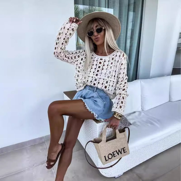 Dame elegant hækleoverdel med vidde ærmer Stilla