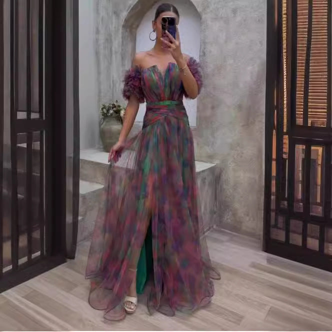Dame Elegant Maxi Kjole med Off-Shoulder Design og Farverige Flæse Detaljer