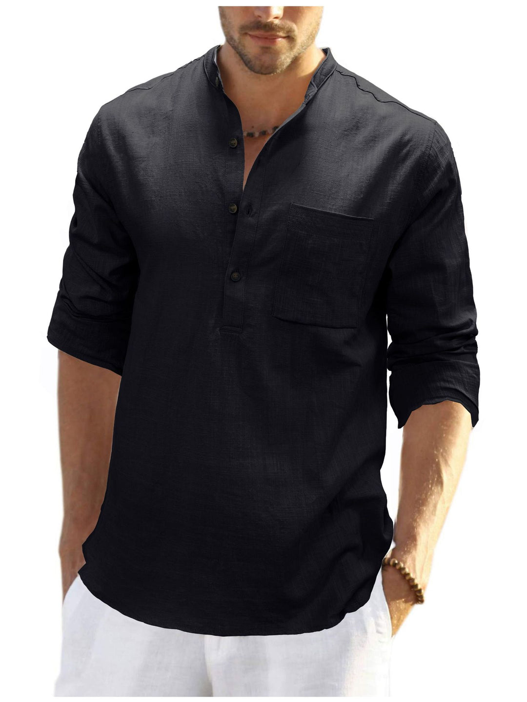 Herre afslappet langærmet Henley-shirt lavet af behagelig linnedmix med brystlomme Stilla