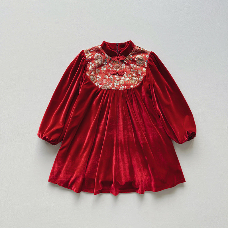 Pige Elegant Fløjlskjole med Florale Broderier Stilla