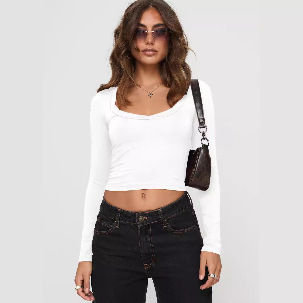 Dame højtaljede cropped top med kvadratisk brystudskæring og lange ærmer Stilla