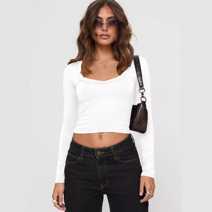 Dame højtaljede cropped top med kvadratisk brystudskæring og lange ærmer Stilla