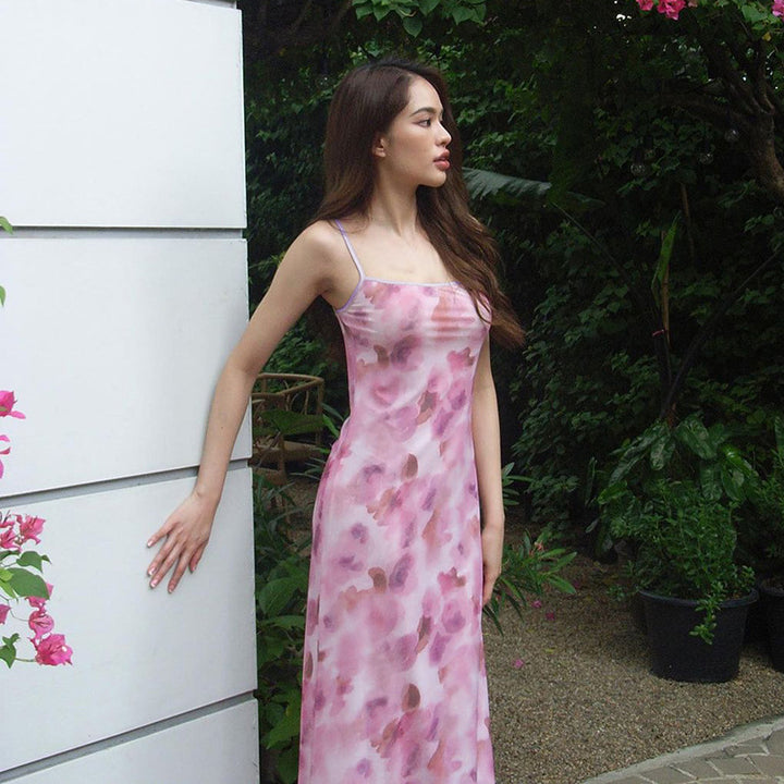 Damer elegant maxikjole med delikate blomsterprint og smalle spaghetti-stropper