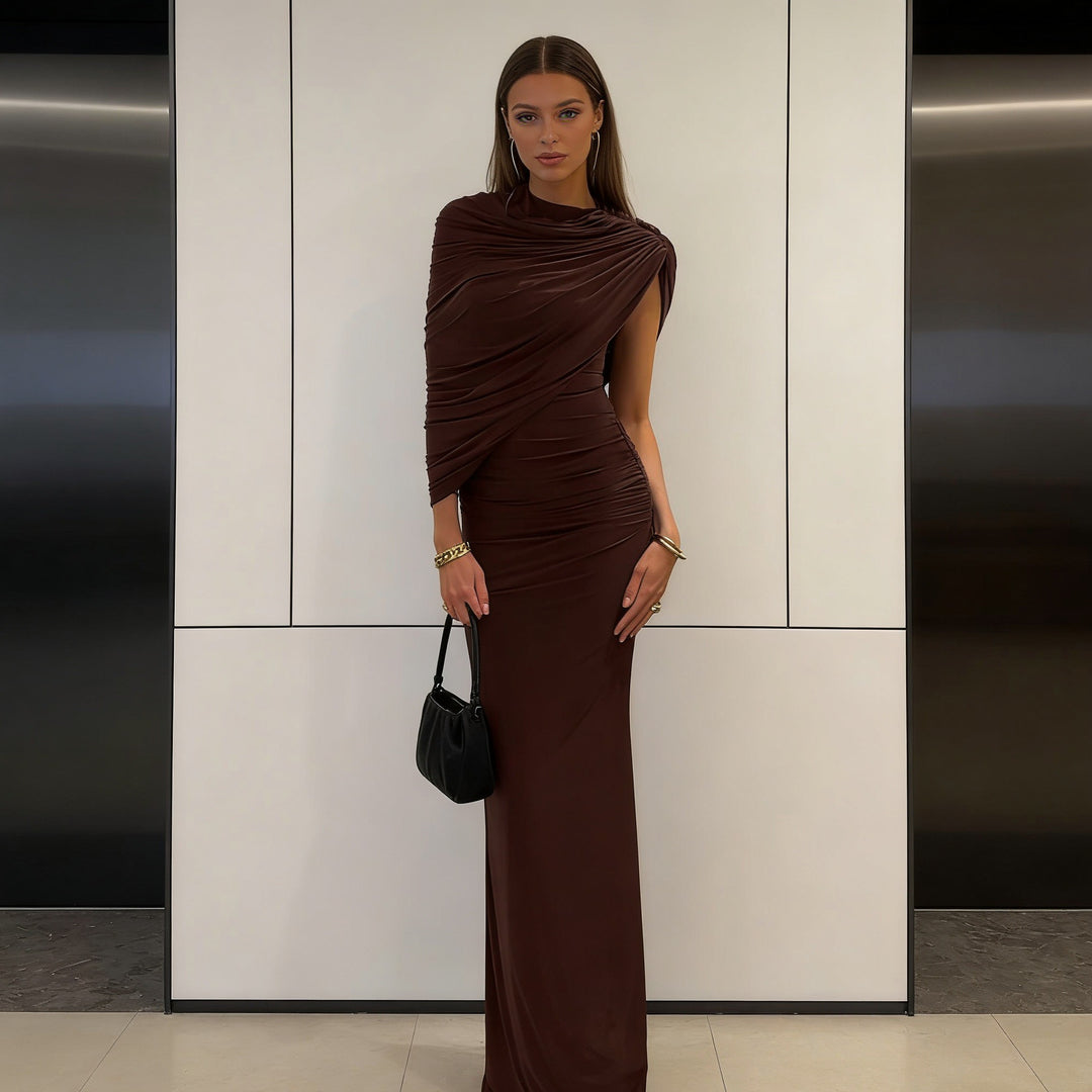 Dame Elegant Maxikjole med asymmetrisk drapering og figursmigrende snit Skovae