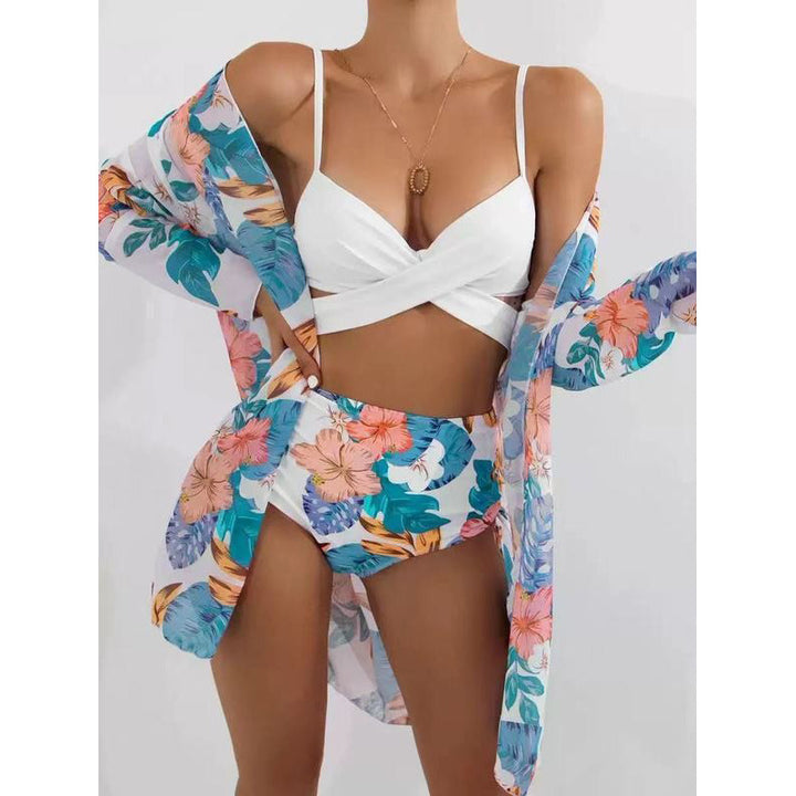 Dame bikini sæt med blomstret kimono og høj taljet bukser Skovae