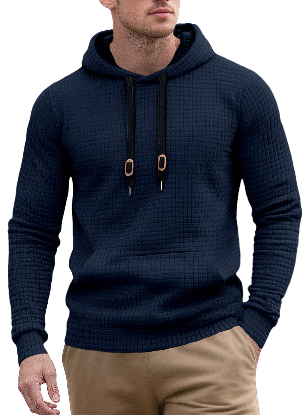 Herren nan snævre skåret quiltet hættepullover med fin kvadratstruktur, snoretræk og ribbet nederste del Skovae