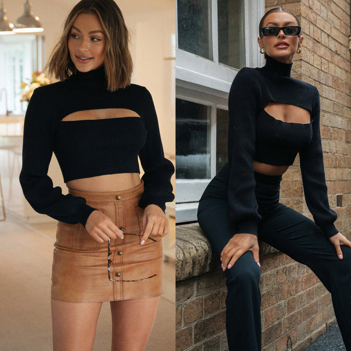 Dame Cropped Pullover med Cut-Out-design og højhalset krave Stilla
