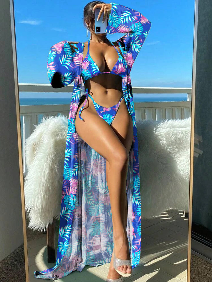 Dame Bikini-sæt med gennemsigtig kaftan og blomsterdesign Skovae