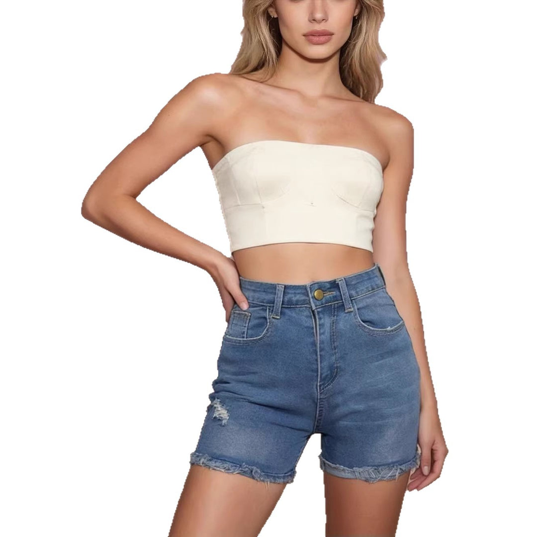 Dame afslappede højtaljede denim-shorts med frynser og fashionable destroyed-detaljer Skovae