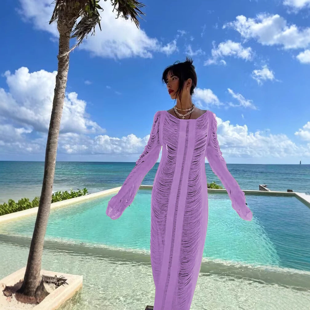 Dame elegant strandkjole med raffinerede frynser og transparente elementer Skovae