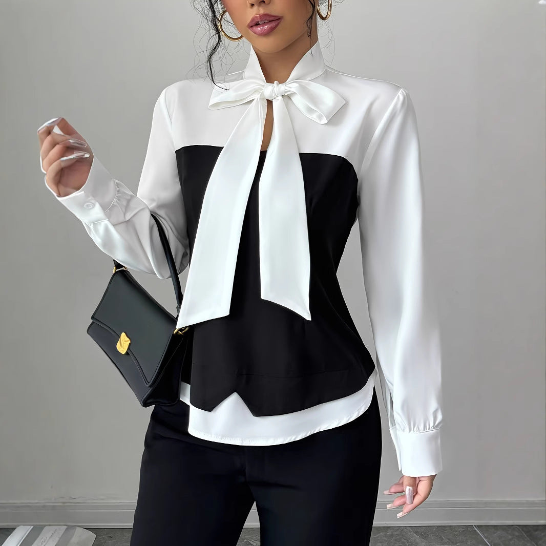 Dame Elegant skåret bluse med sløjfe krave Stilla