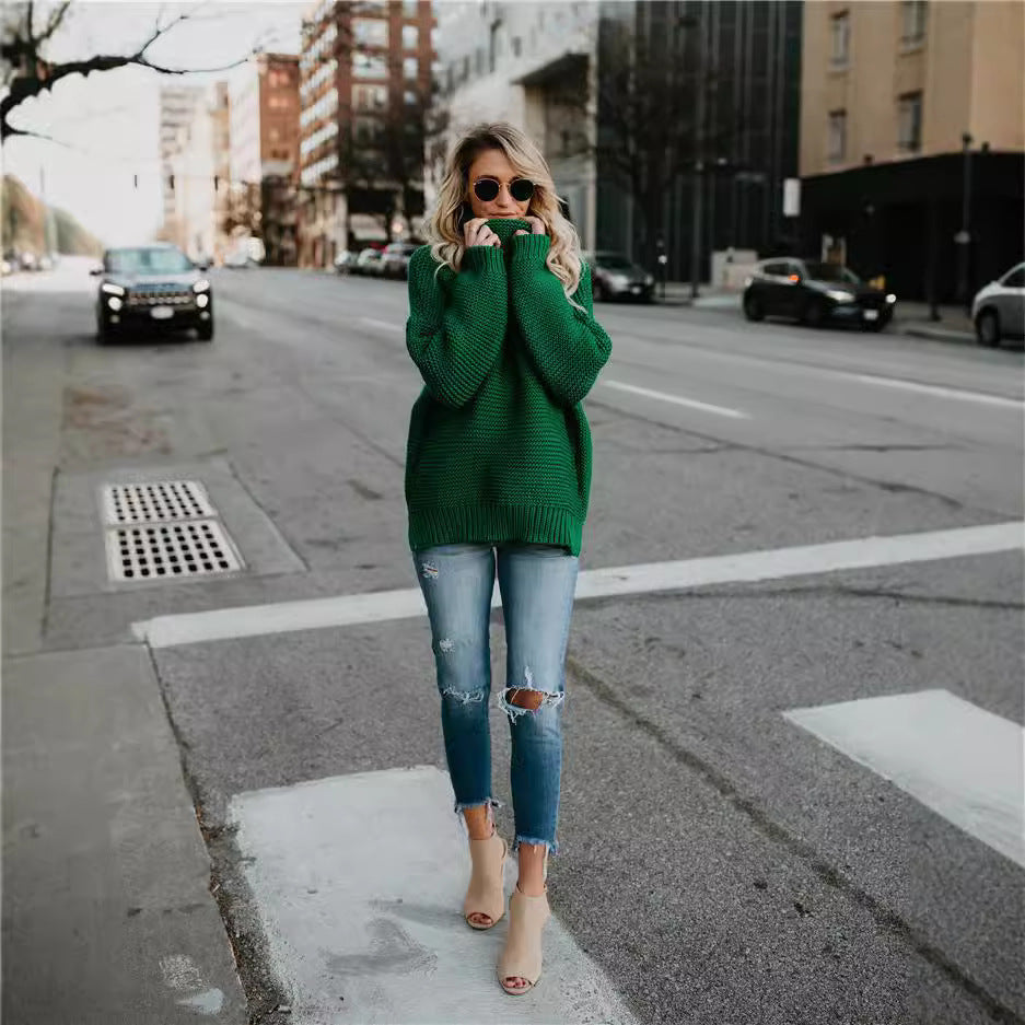 Dame Behagelig Oversized Strikpullover med Høj Krave Stilla
