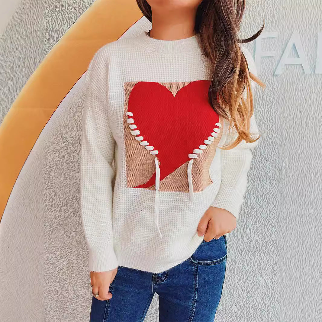 Damer fashionable sweater med hjerteapplikation og bag træksnor Stilla
