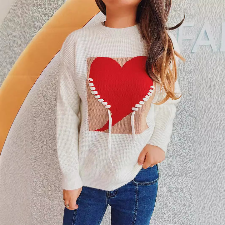 Damer fashionable sweater med hjerteapplikation og bag træksnor Stilla