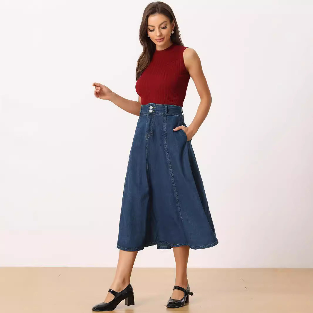 Dame maxikjole i klassisk denim-stil med høj talje og vidde svajende snit Stilla