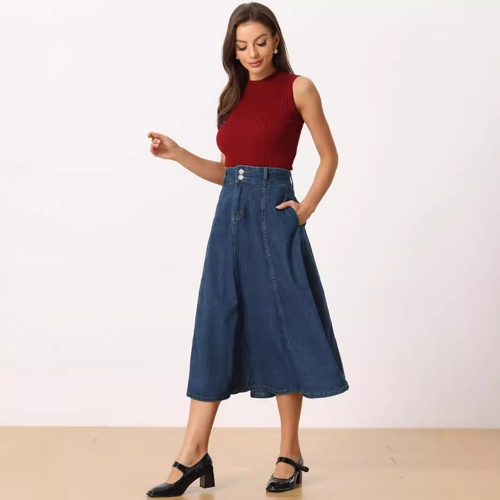 Dame maxikjole i klassisk denim-stil med høj talje og vidde svajende snit Stilla