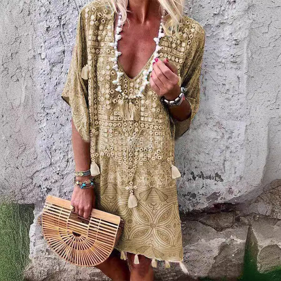 Dame Boho-Chic Kaftan med V-Udskæring og Kvist-Detaljer Stilla