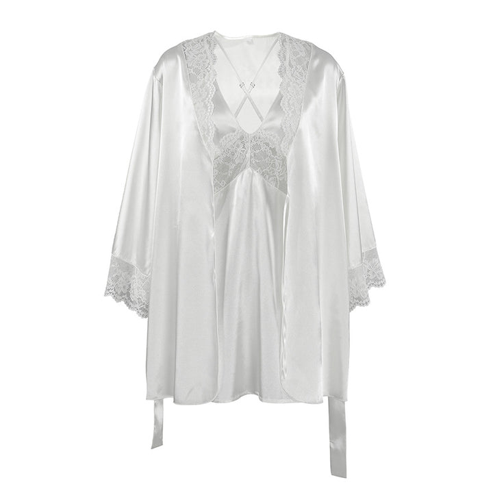 Dame Satin Morgenkåbe med elegante laceafslutninger Stilla
