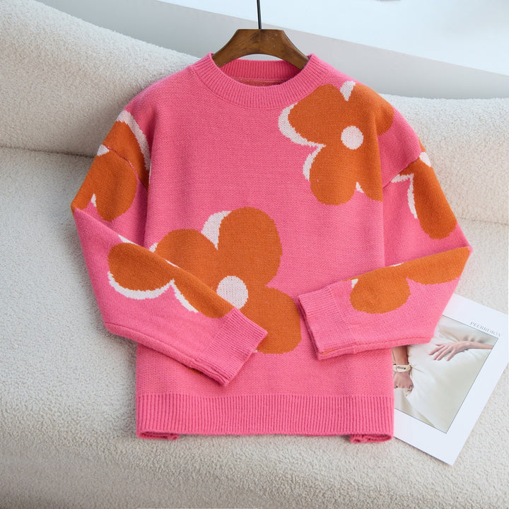 Kvinders chunky strikket sweater med levende blomster mønster og rund hals Stilla