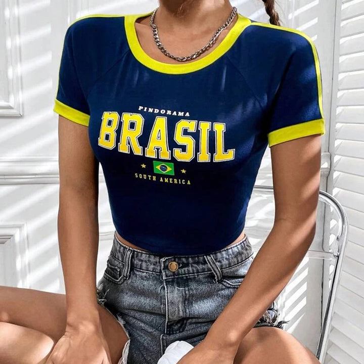 Dame Crop-T-Shirt med farvet kontrastkrave og Brasil-print Stilla