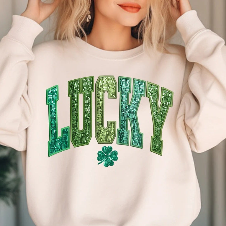 Dame casual sweatshirt med glitrende skrift og kløver motiv Stilla