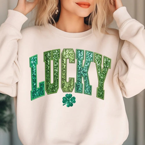 Dame casual sweatshirt med glitrende skrift og kløver motiv Stilla