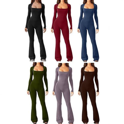Dame Elegant Langærmet Jumpsuit med dyb kvadratisk U-hals og flatterende snit Stilla
