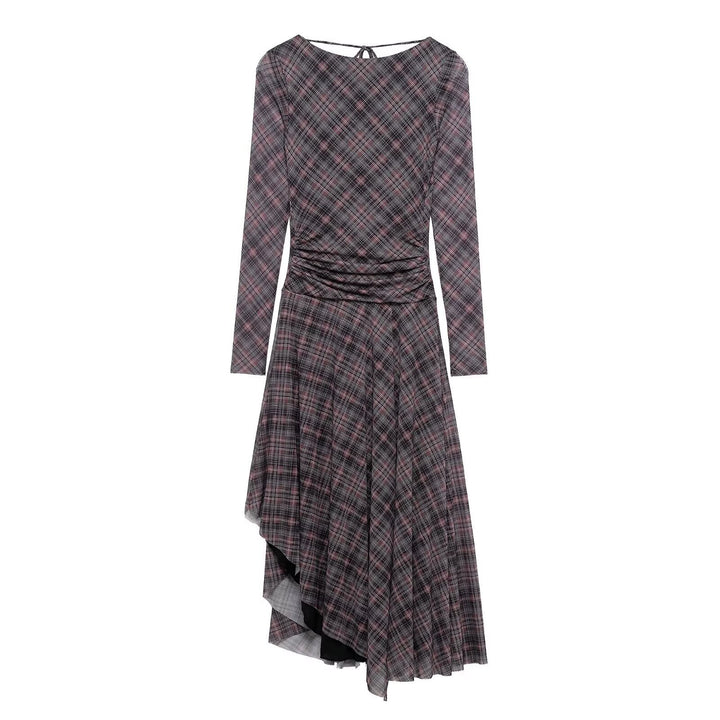 Femme Asymmetrisk Checks Midi Kjole med Lange Ærmer Stilla