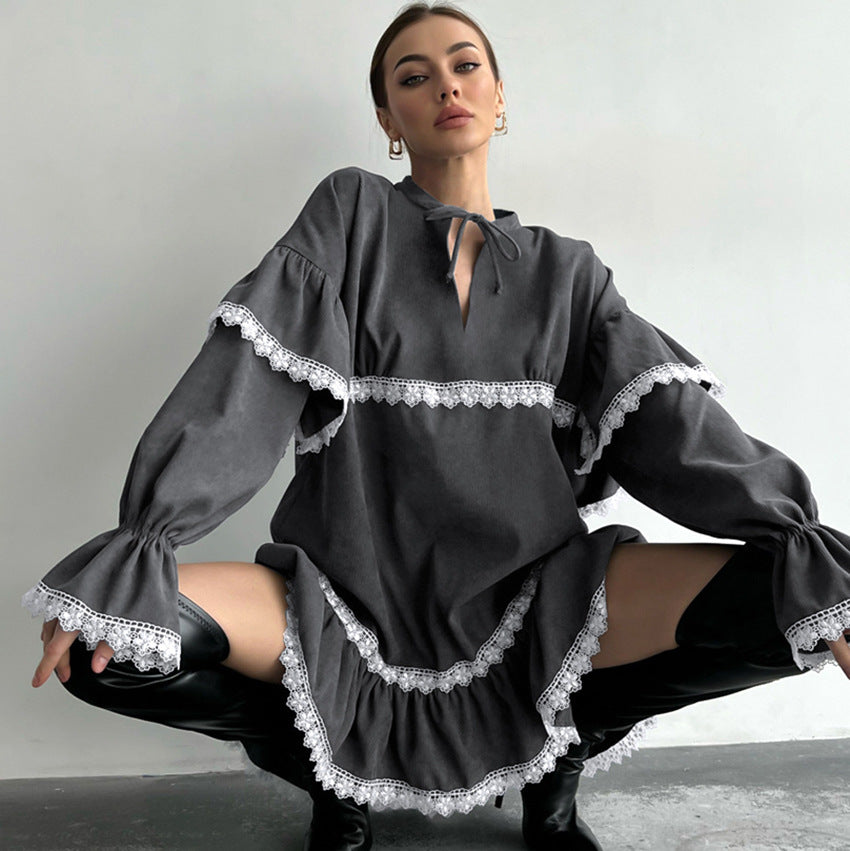 Dame Elegant Tunika-Kjole med Rynkedetaljer og Bindebånd Stilla