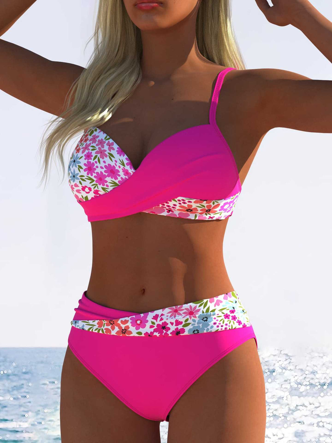 Dame Bikini-Sæt med blomster-wrap-mønster og behagelige high-waist-trusser Skovae