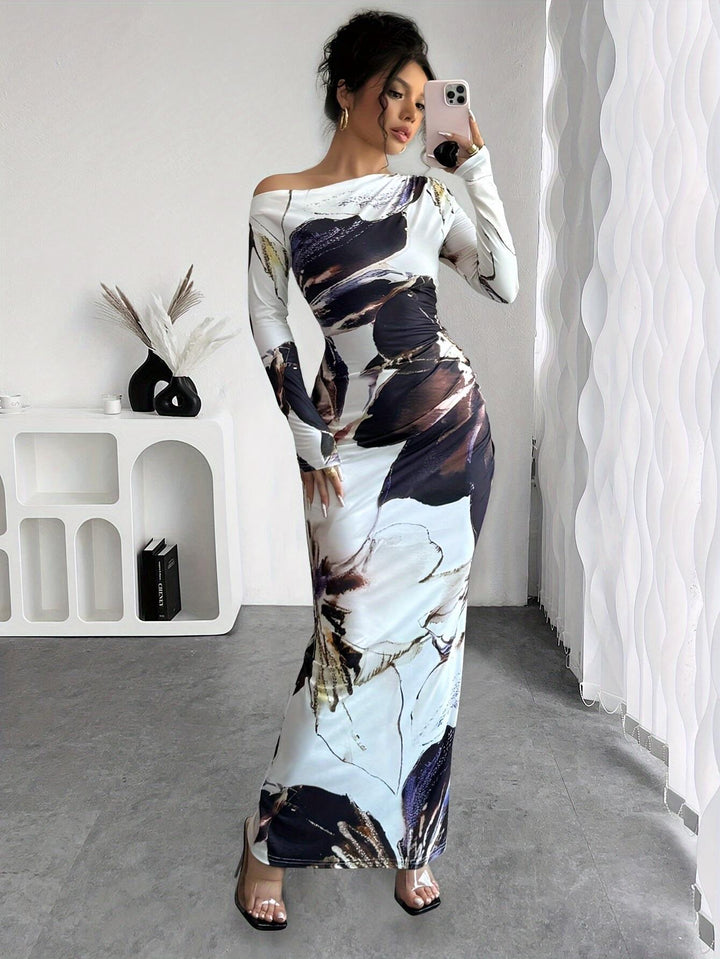 Dame Elegant Off-Shoulder Maxikjole med kunstnerisk blomsterdesign Stilla