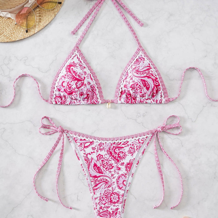 Dame Triangel-Bikini med legende blomsterdesign og bånd