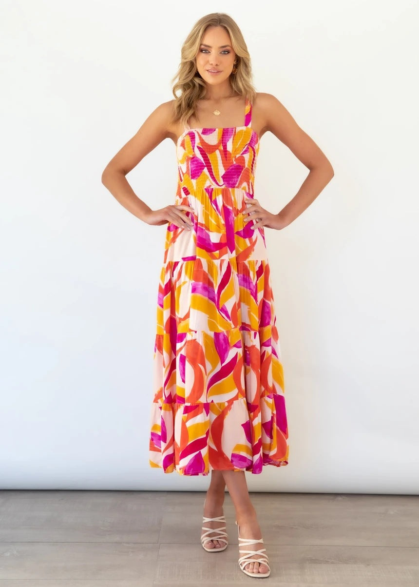 Kvindernes Boho-inspirerede Maxi Kjole med Farverigt Blomster Mønster og Elastisk Top Stilla