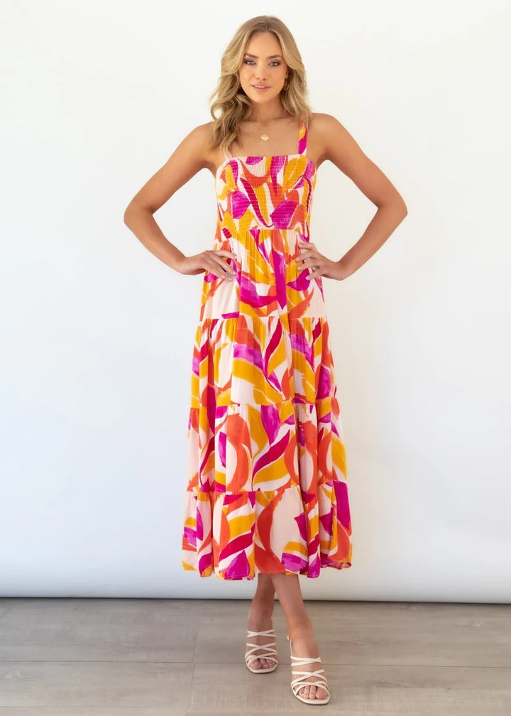Kvindernes Boho-inspirerede Maxi Kjole med Farverigt Blomster Mønster og Elastisk Top Stilla