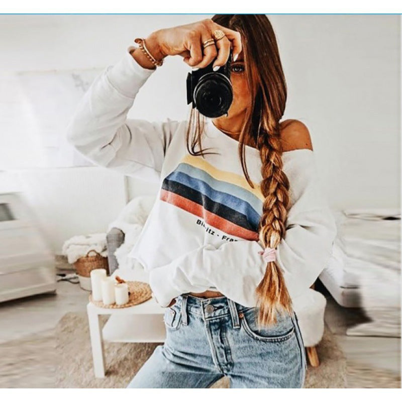 Kvindes Off-Shoulder Sweatshirt med kontraststribemønster Stilla