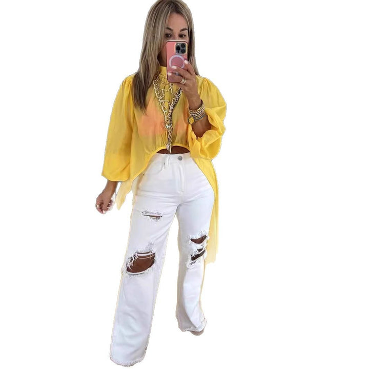 Dame transparent Longbluse med raffinerede pufærmer og elegant snit Stilla