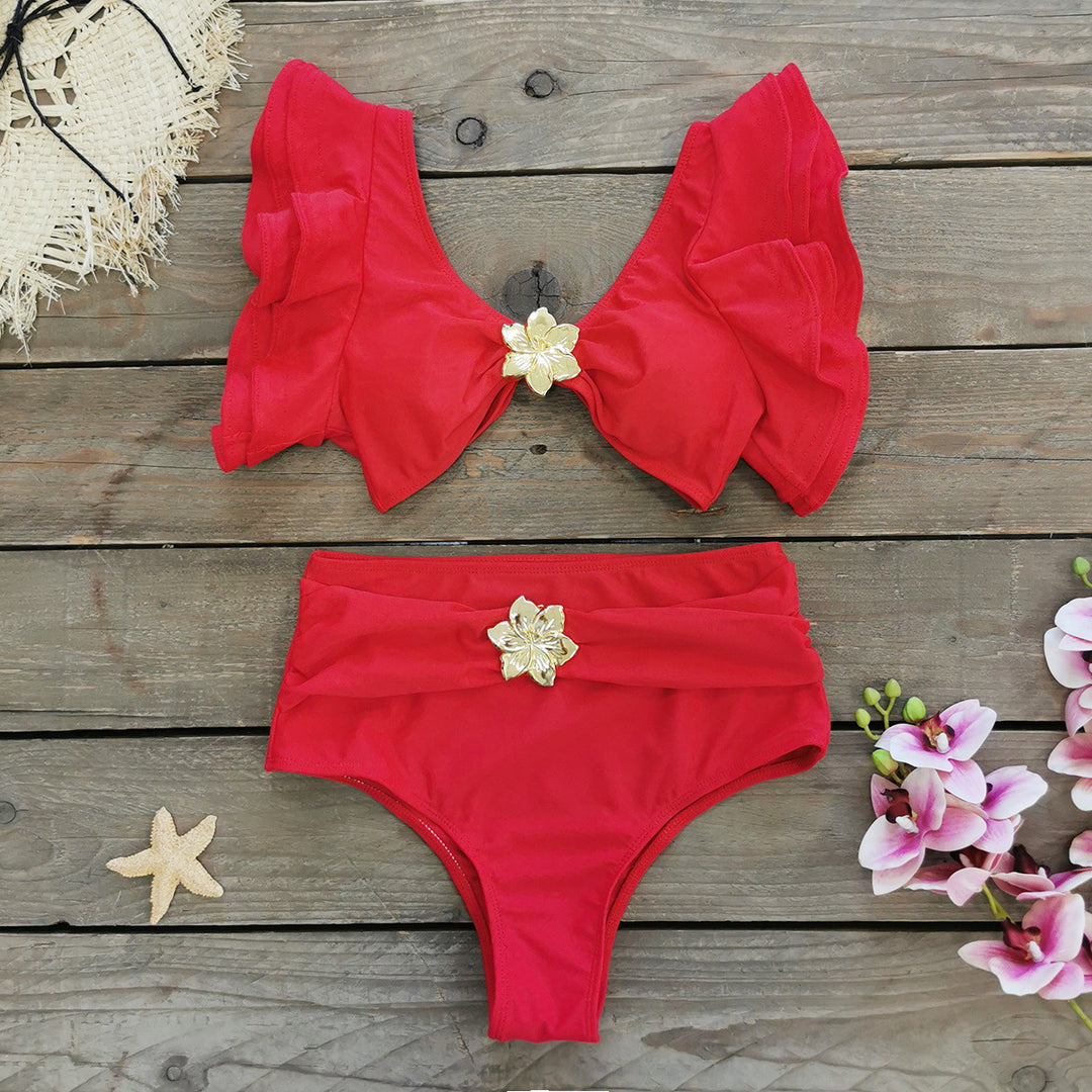 Dame Bikini-sæt med elegante volangdetaljer og charmerende blomstapplikationer Stilla