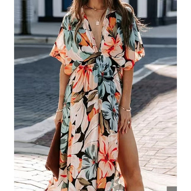 Dame Floral Maxi Wrap Kjole med Slids og Bælte Stilla