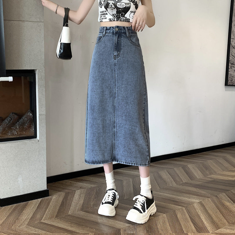 Dame midi denim nederdel med frontslids Stilla