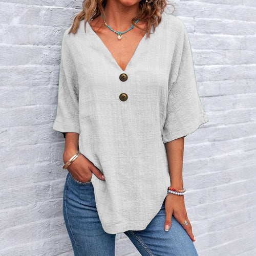 Dame V-hals bluse med knapdetaljer Skovae