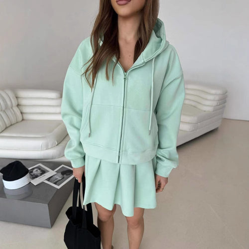 Dame Casual Hoodie og Nederdel Sæt med Skjult Lynlås og Elastisk Talje