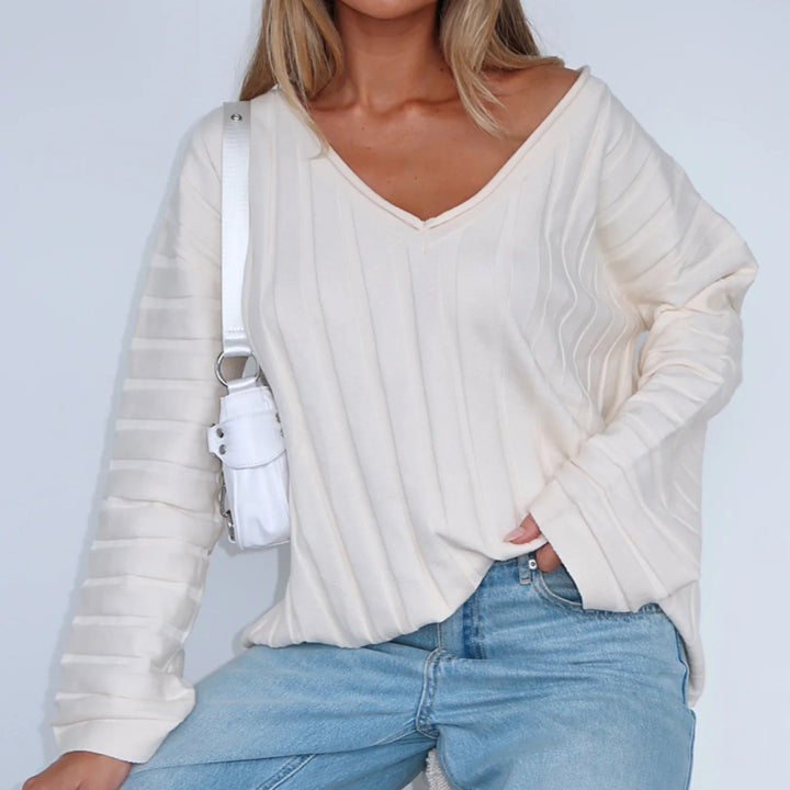 Kvinde casual pullover med V-hals og stribet mønster Skovae