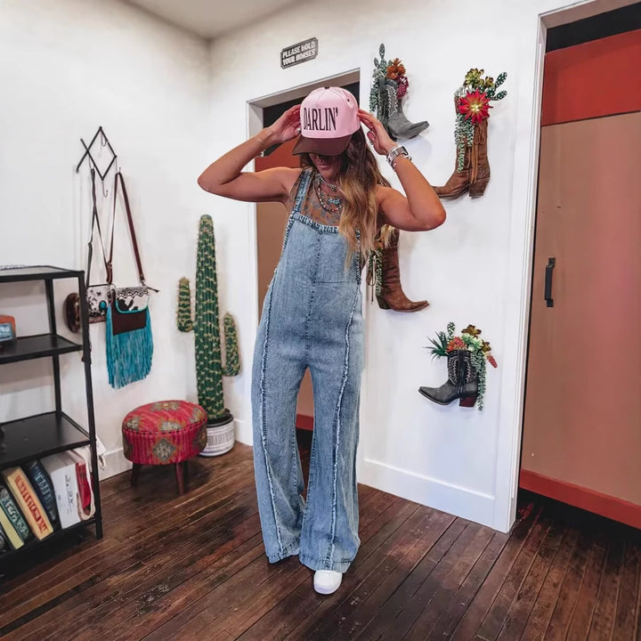 Dame denim overalls med brede ben og praktiske lommer Stilla